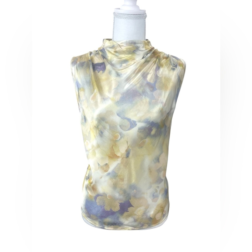 NWT Rails Satin Draped Kaleen Top Blouse Diffused Blossom Mock Neck Pastel - Picture 6 of 12